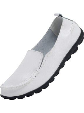 Women's White Leather Loafers Slip On Comfortable Walking Driving Flats Shoes